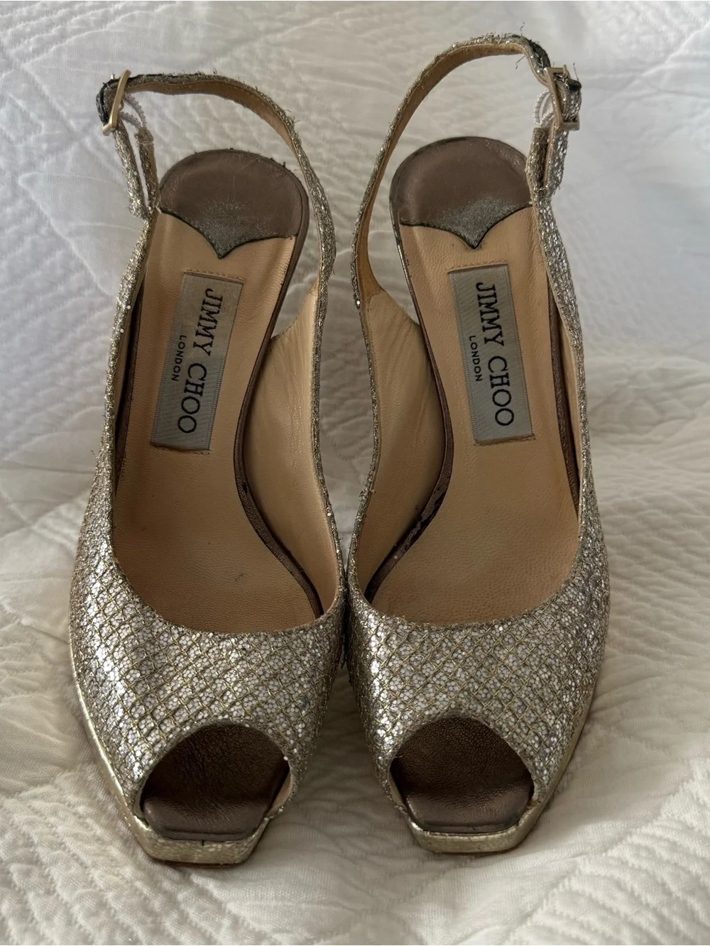 Jimmy Choo Nova Silver Metallic Gold Glitter Slingback Platform Heels EU 35